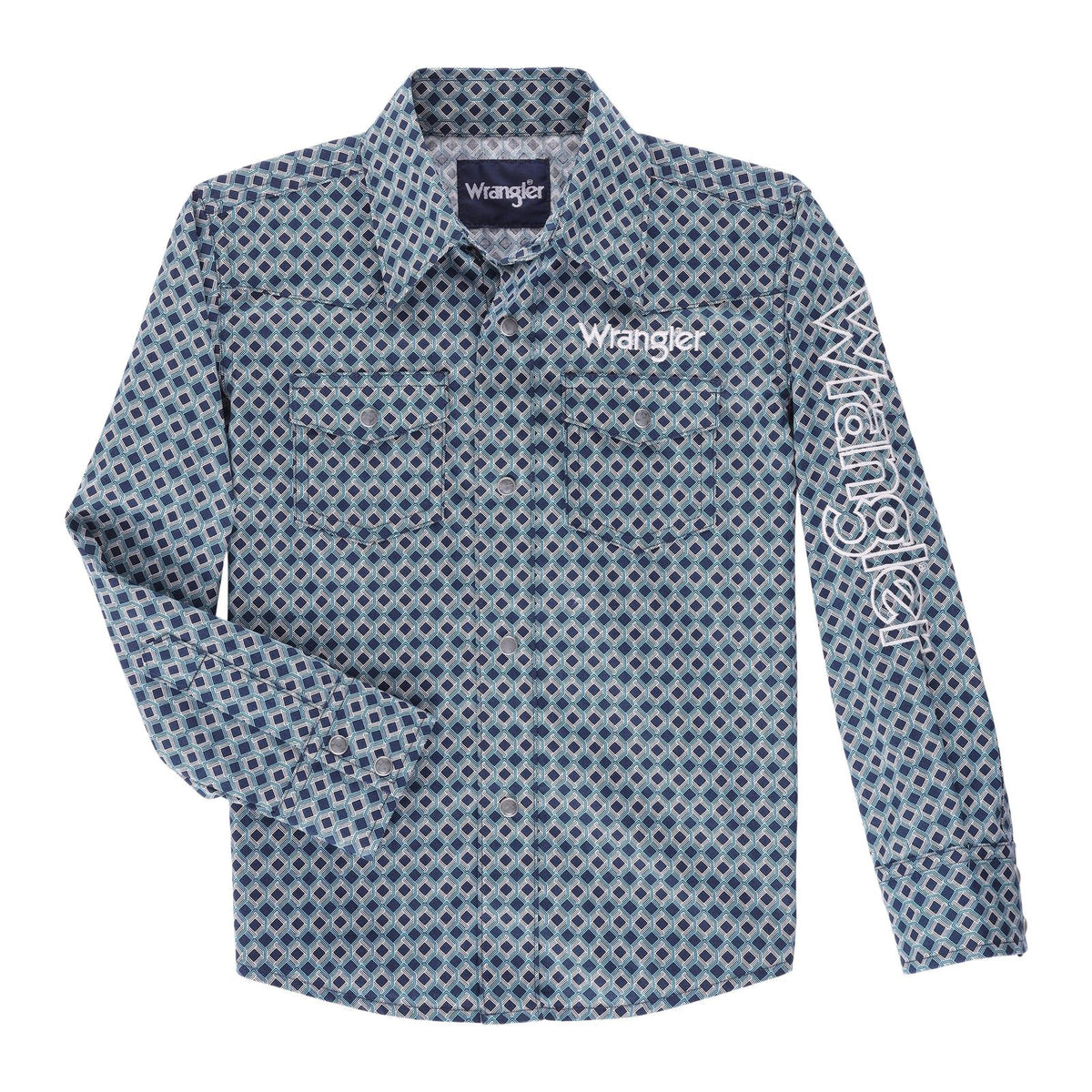 Wrangler Kids Western Logo Navy Plaid Long Sleeve Shirt