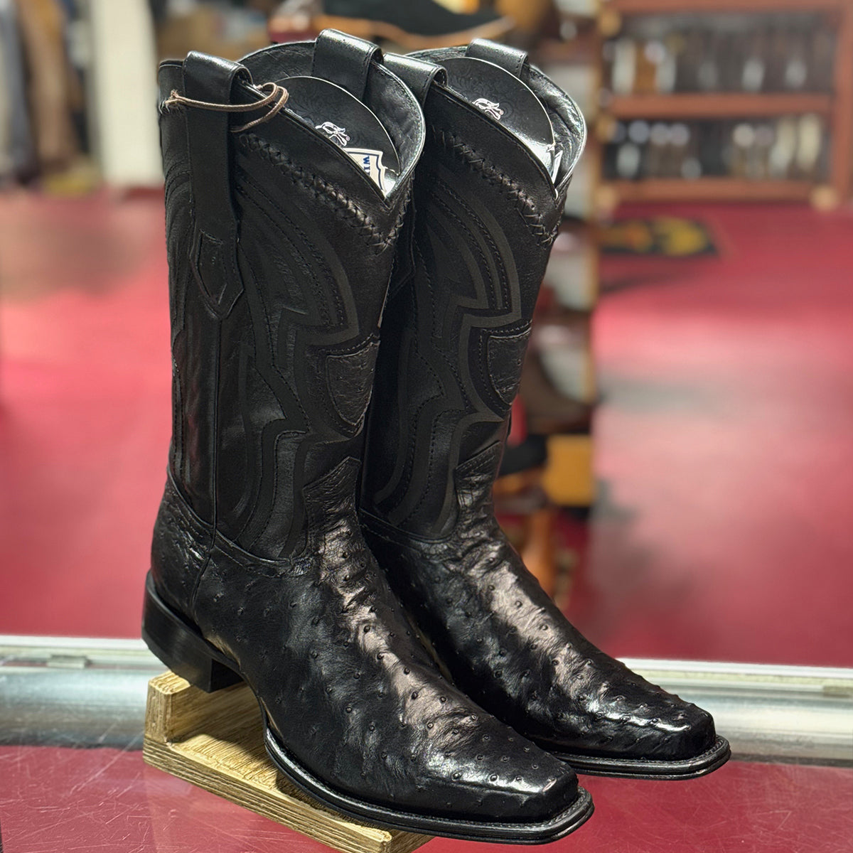 Black Ostrich Western Boots Narrow Square Toe
