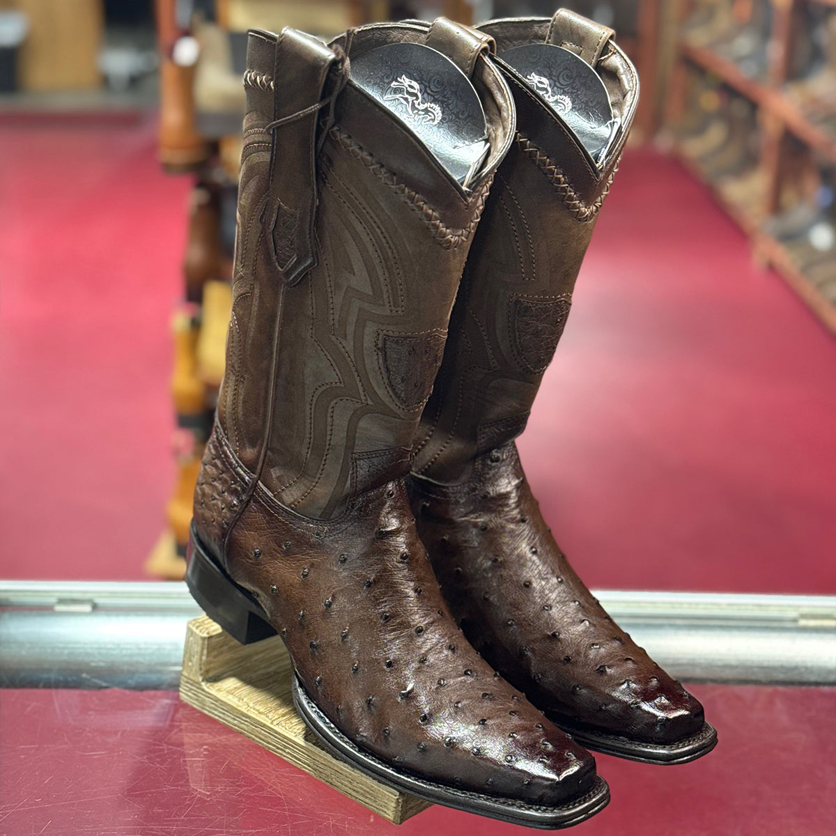 Brown Ostrich Western Boots Narrow Square Toe