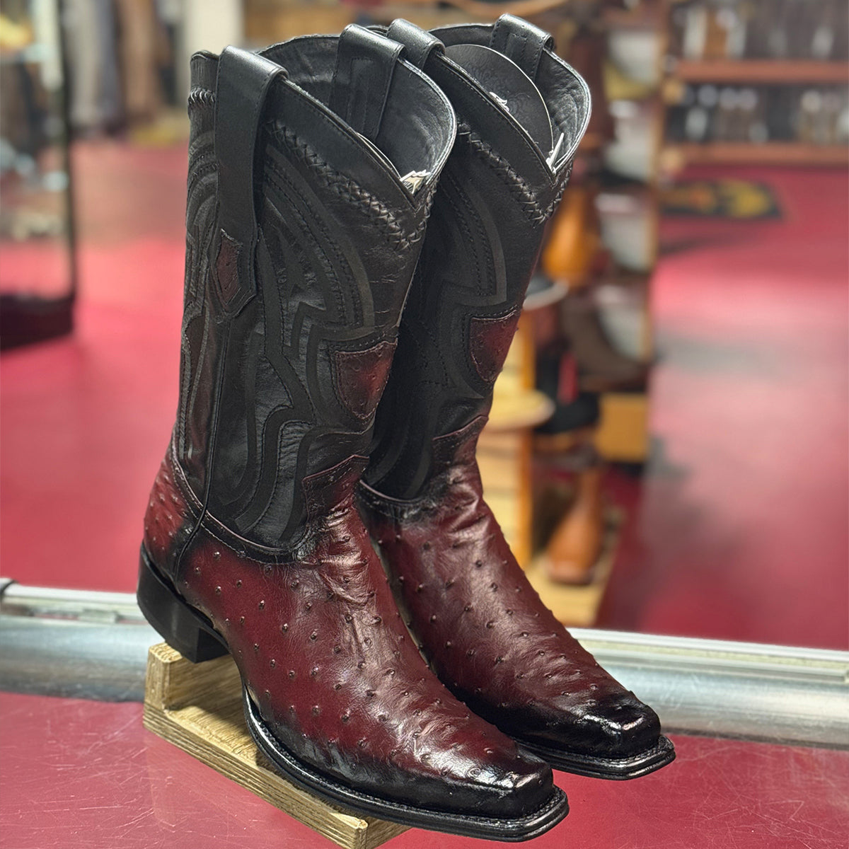 Burgundy Ostrich Western Boots Narrow Square Toe
