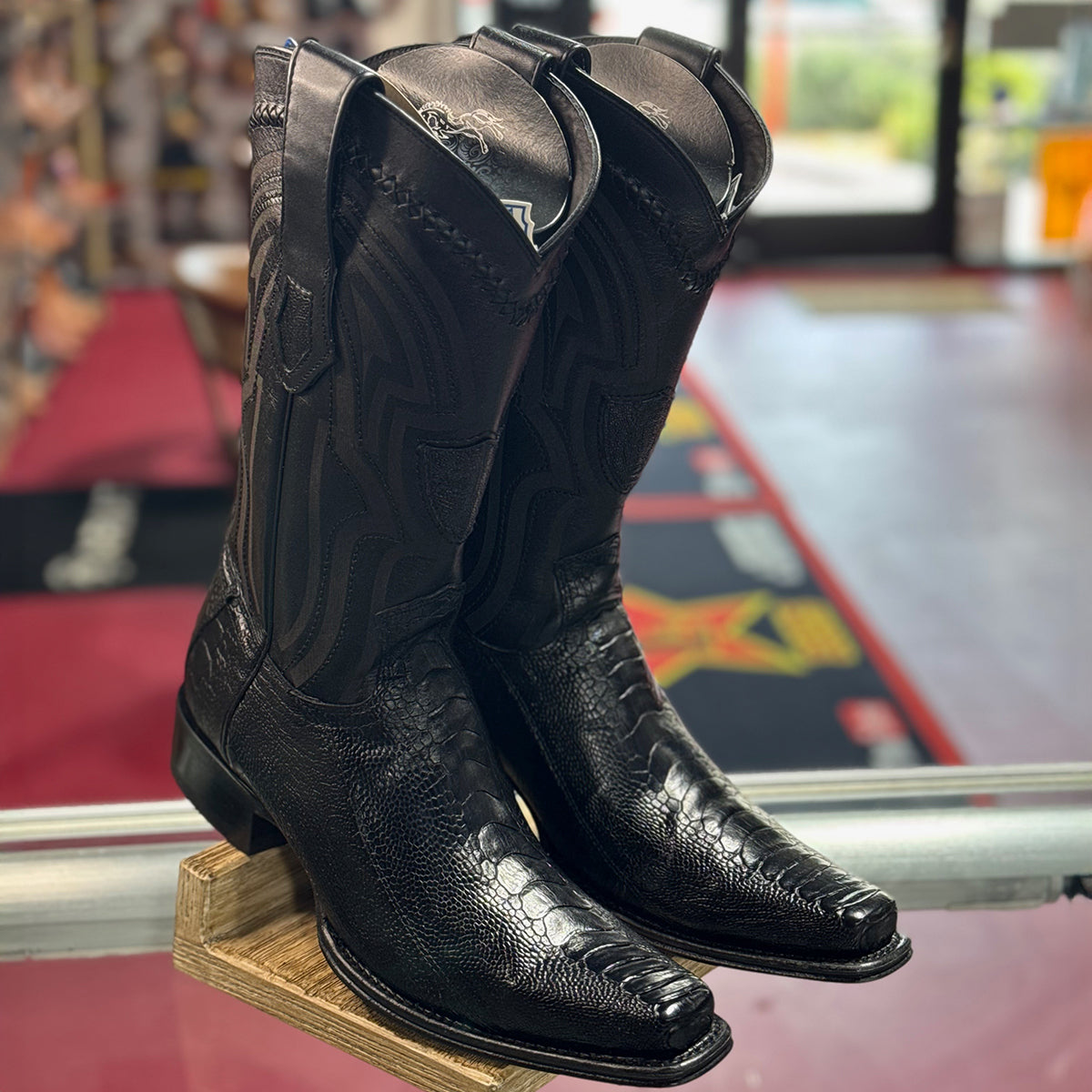 Black Ostrich Leg Western Boots Narrow Square Toe