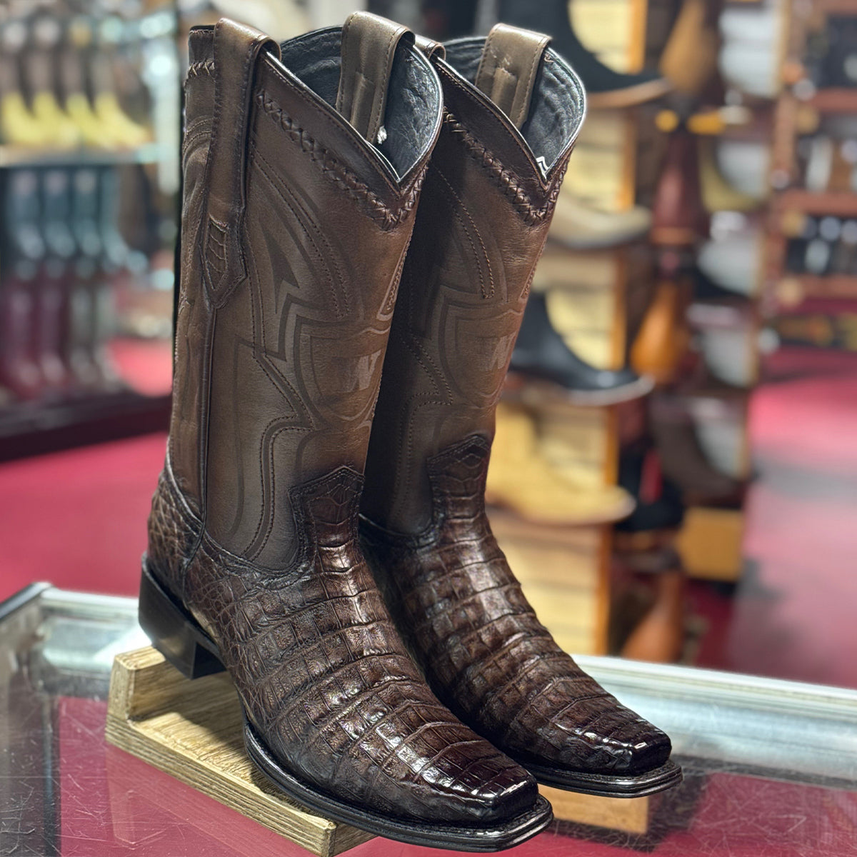 Brown Caiman Western Boots Narrow Square Toe