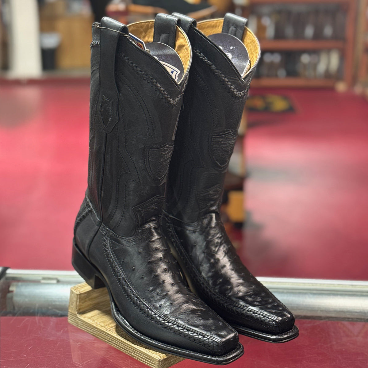 Black Ostrich Cowboy Boots Narrow Square Toe