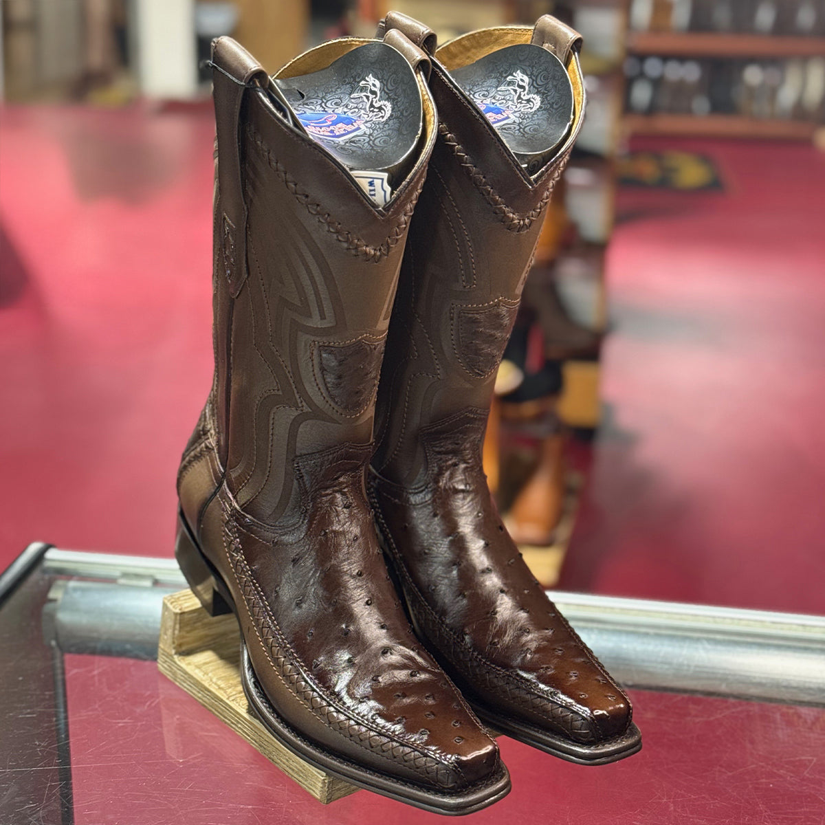 Brown Ostrich Cowboy Boots Narrow Square Toe