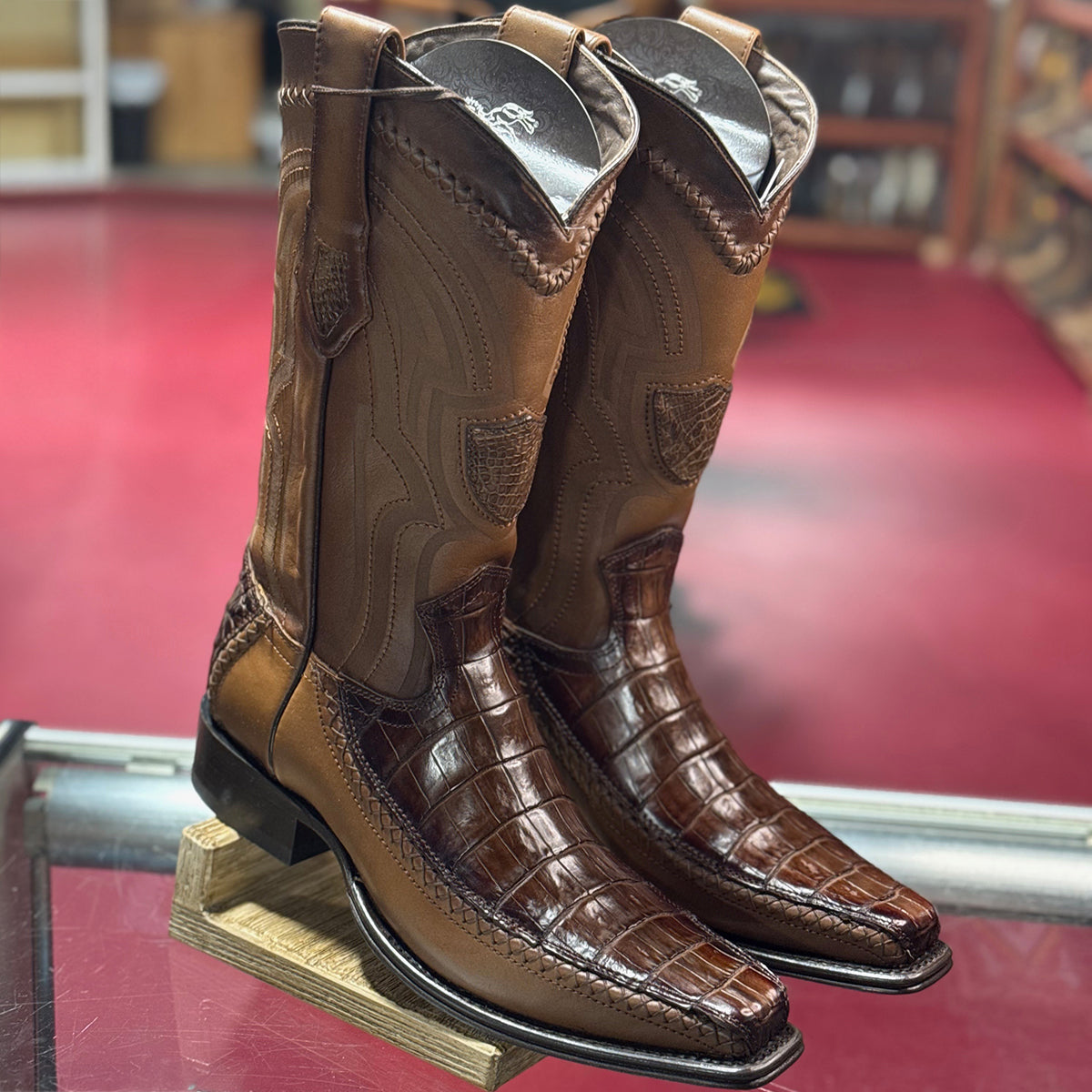 Brown Caiman Cowboy Boots Narrow Square Toe