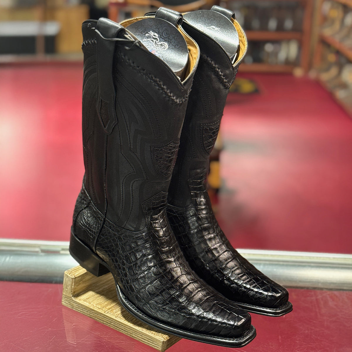 Black Caiman Western Boots Narrow Square Toe