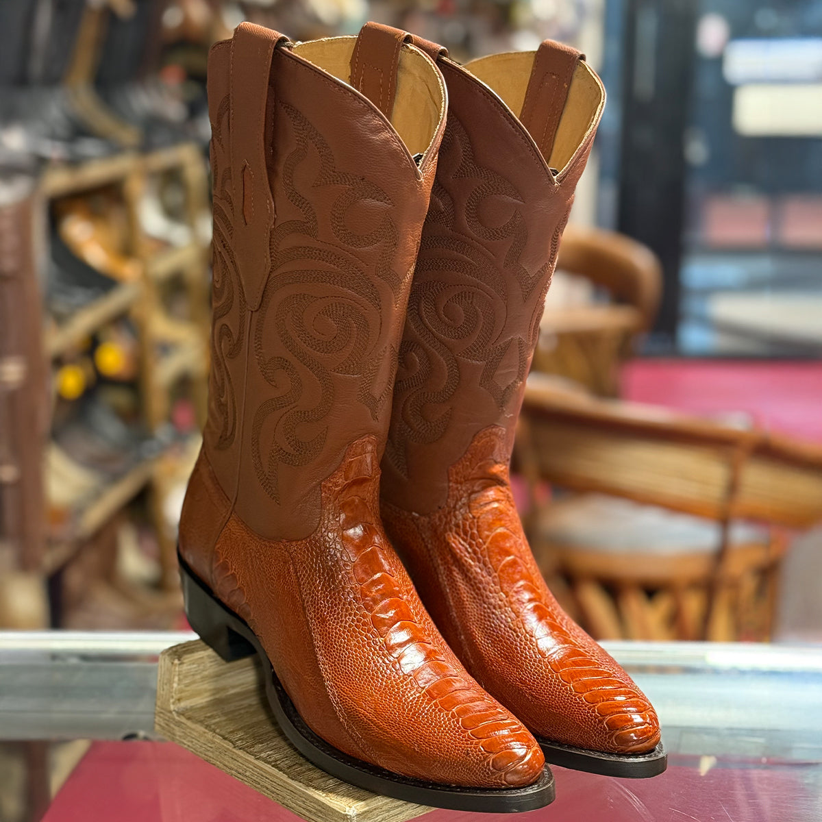 Cognac Round Toe Ostrich Leg Western Boots