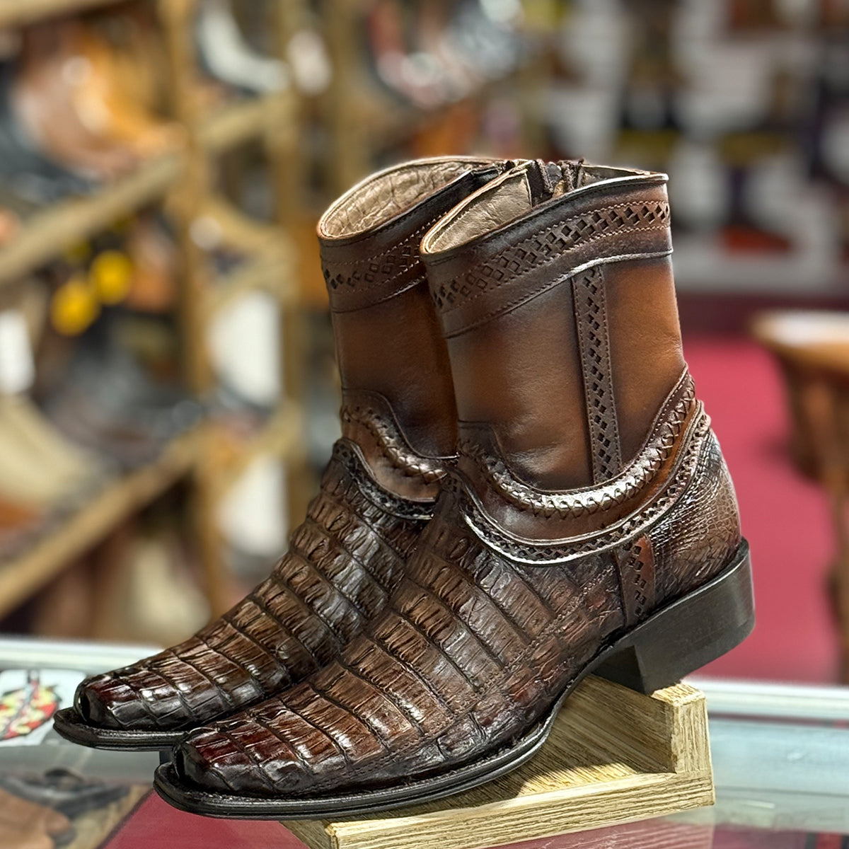 Caiman Tail Mens European Square Toe Boots Faded Brown
