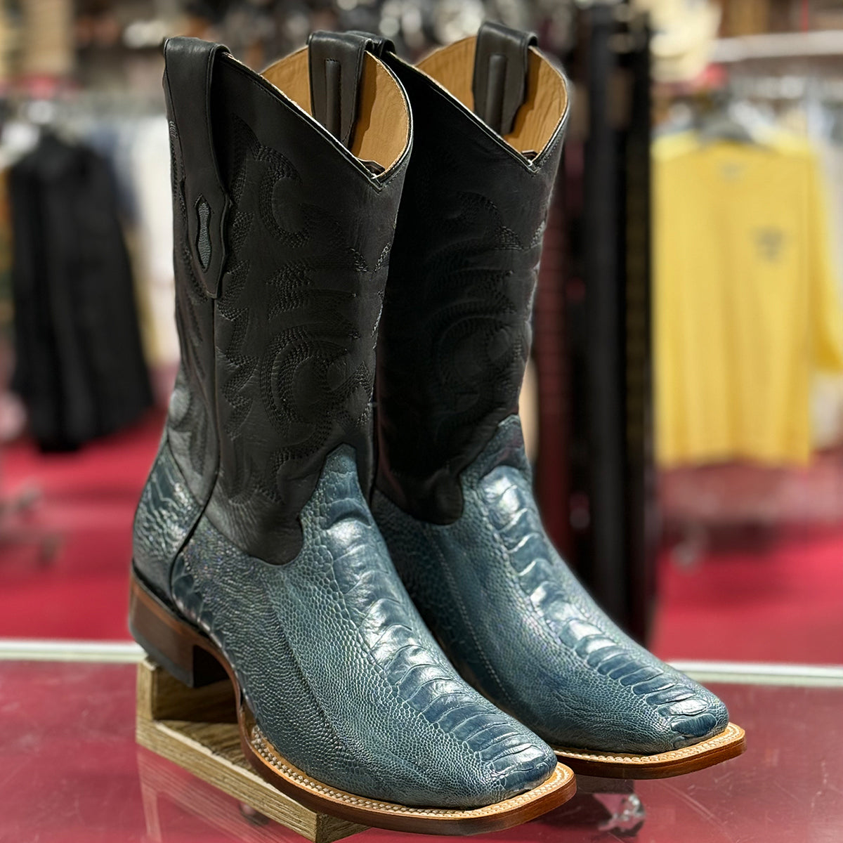 Blue Square Toe Ostrich Leg Boots