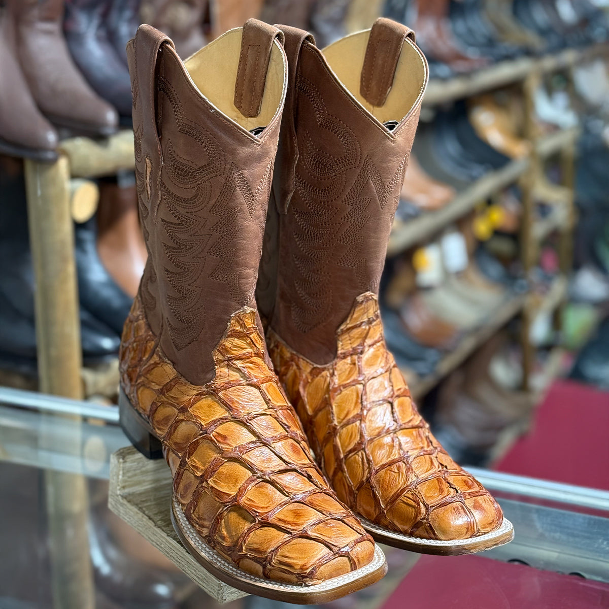 Cognac Pirarucu Square Toe Boots