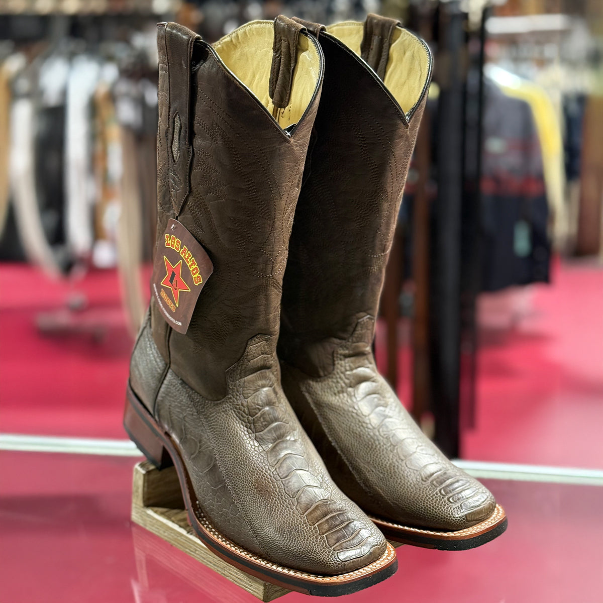 Grasso Brown Ostrich Leg Square Toe Cowboy Boots