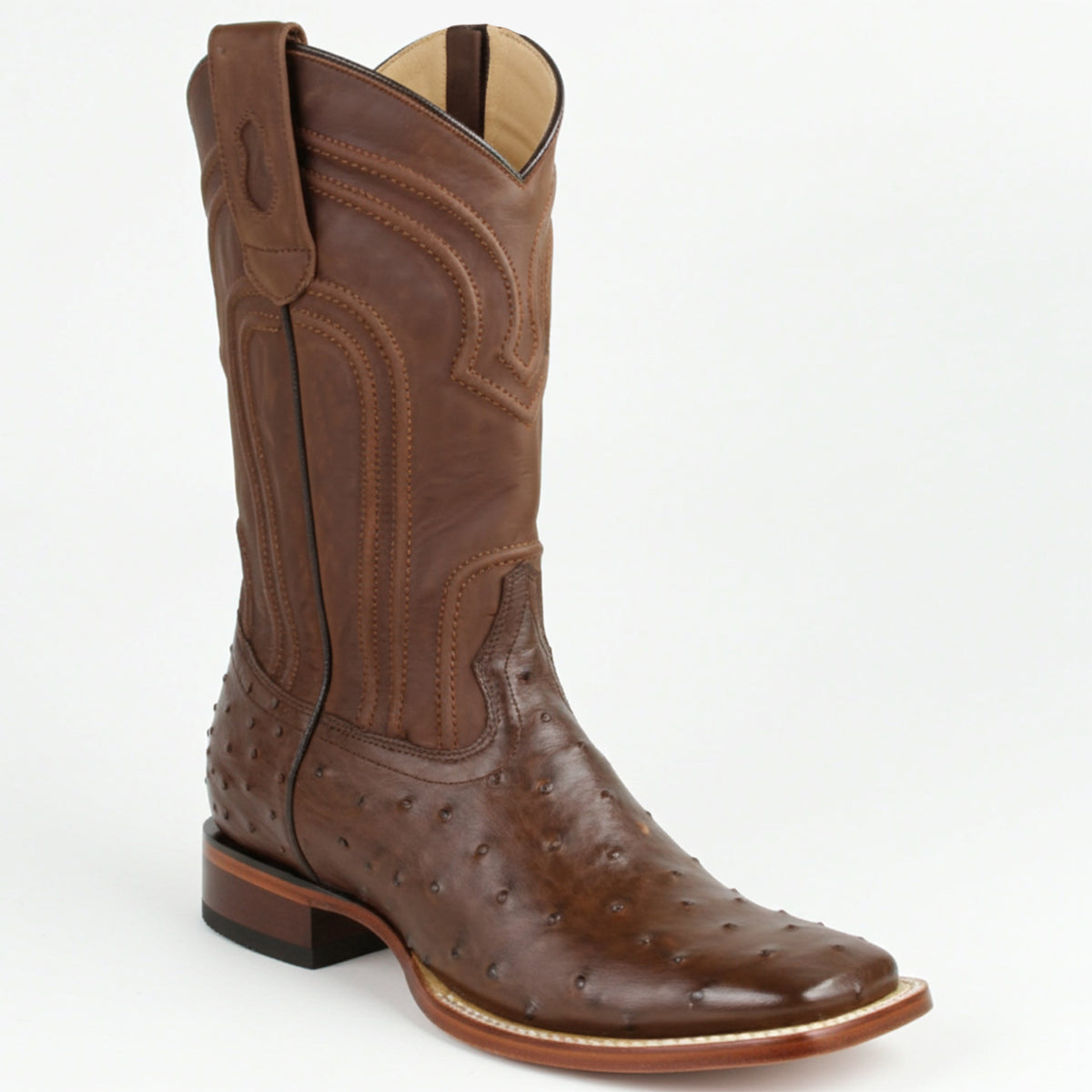 Brown Ostrich Square Toe Boots With Zipper