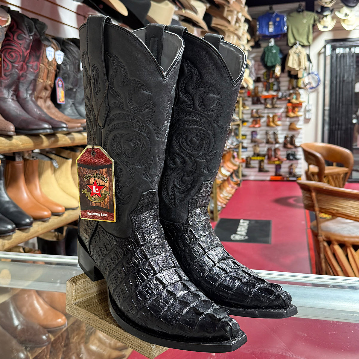 Black Caiman Tail Snip Toe Cowboy Boot