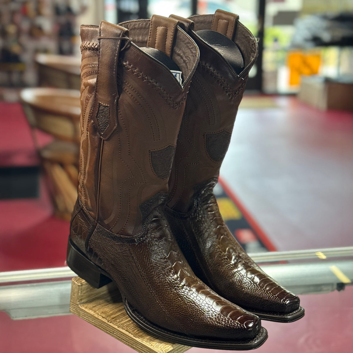 Brown Ostrich Leg Western Boots Narrow Square Toe