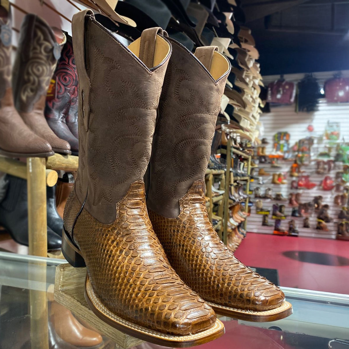 Brown Square Toe Western Boots Snakeskin