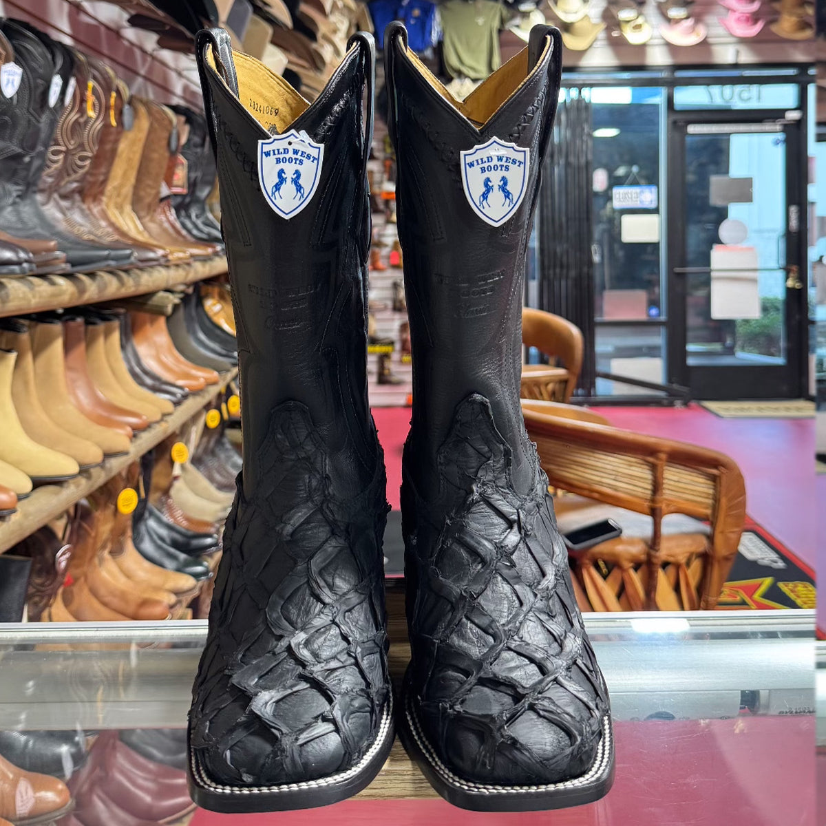 Matte Black Pirarucu Square Toe Boots
