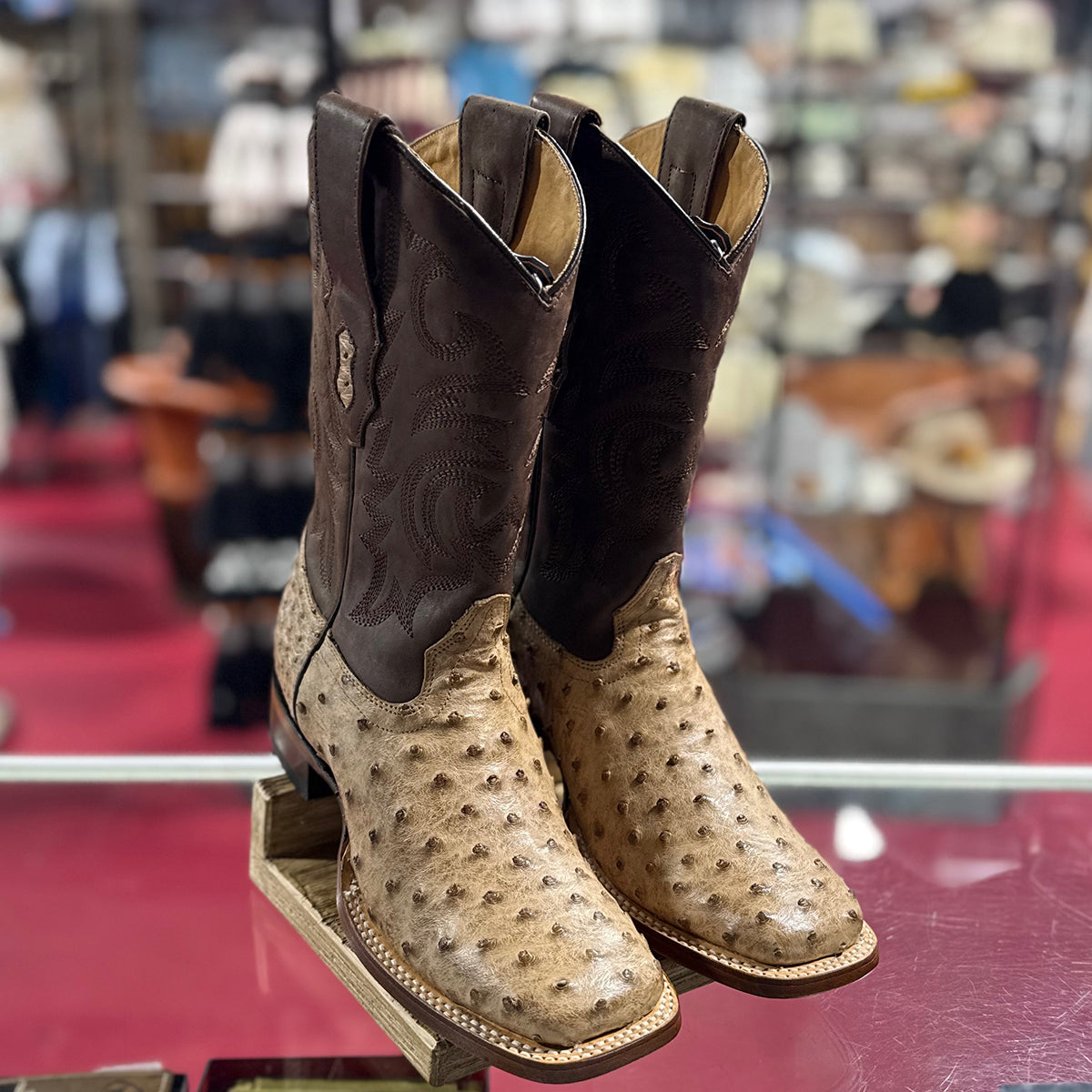 Moka Ostrich Square Toe Boots