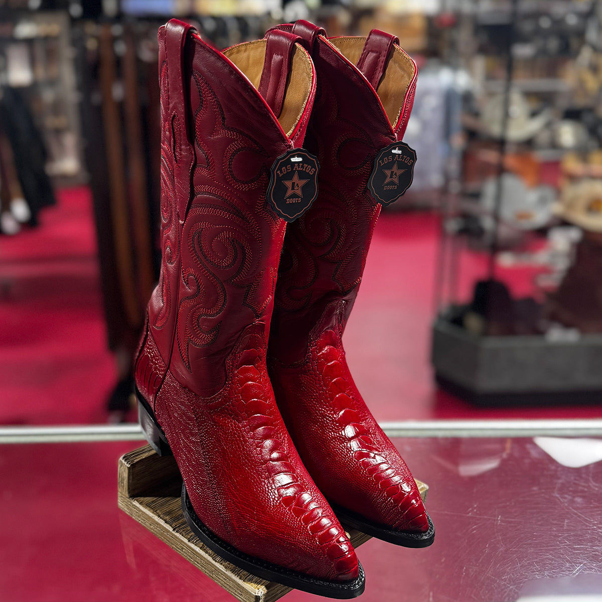 Red Ostrich Leg Cowboy Boots J-Toe