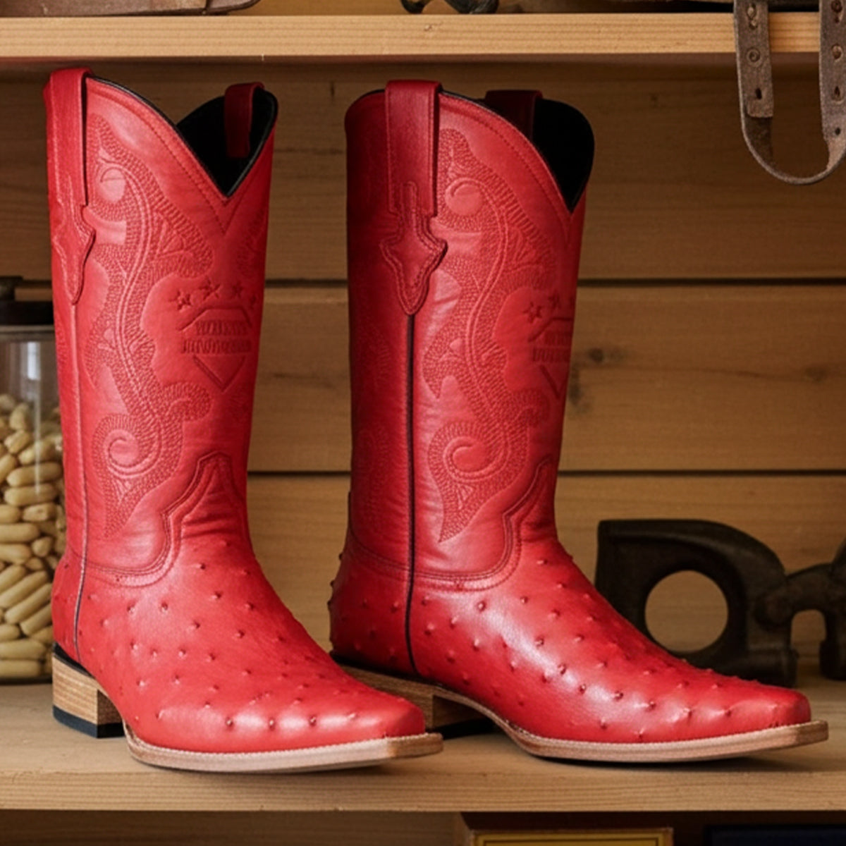 Red Ostrich Print Boots Pointy Toe