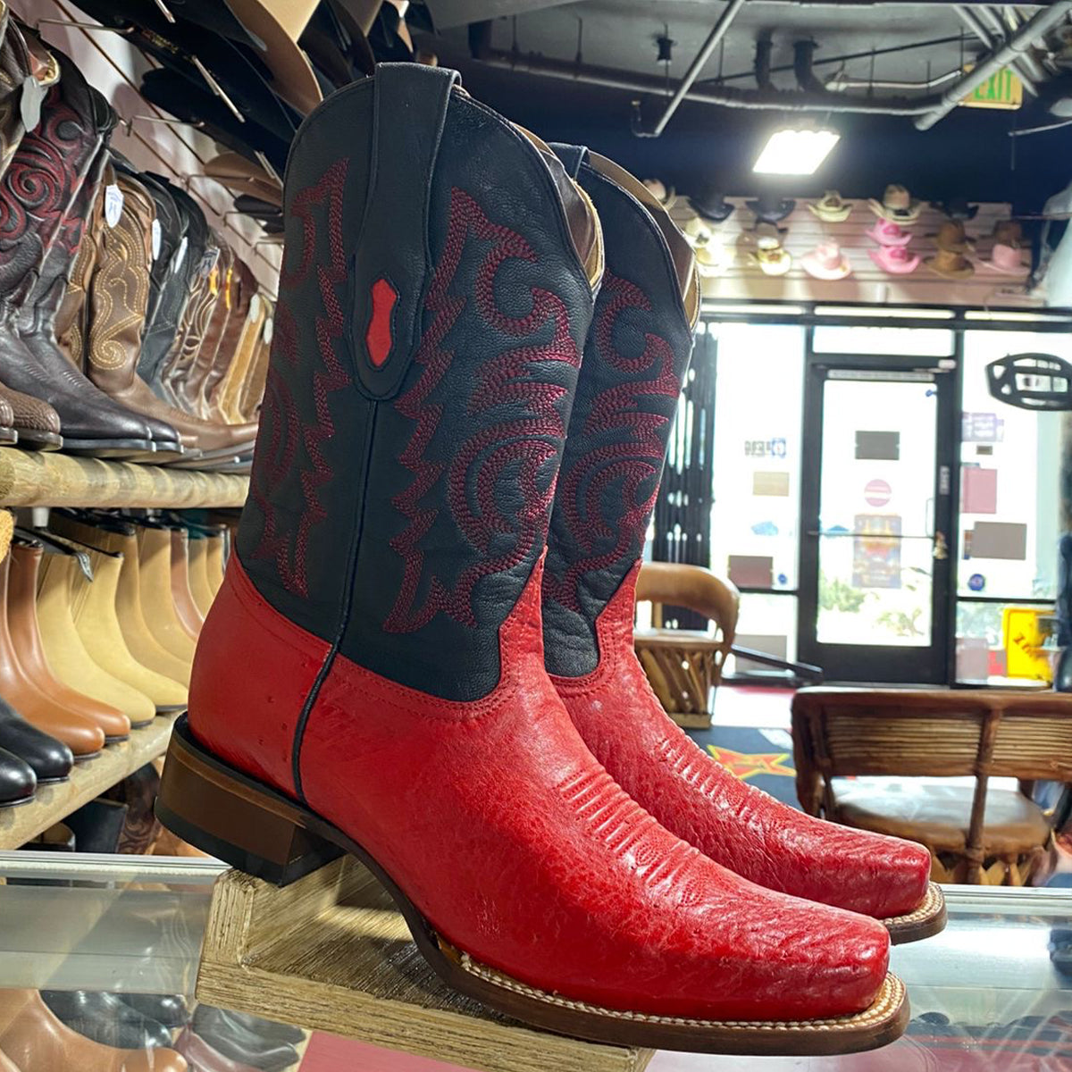 Red Square Toe Boot Smooth Ostrich