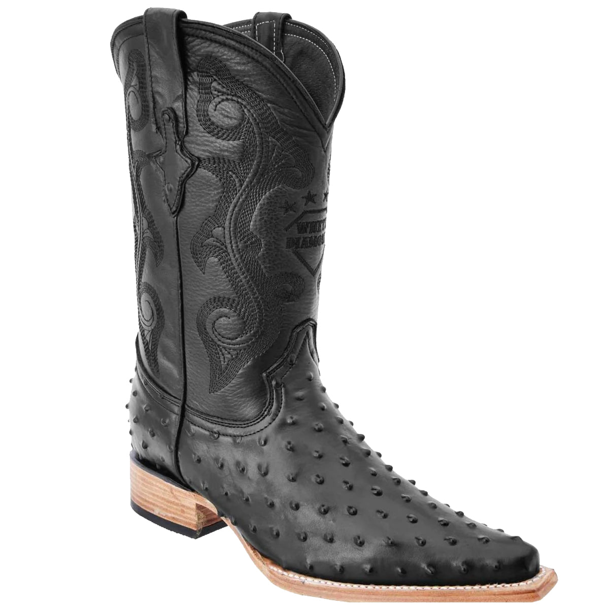 Black Ostrich Print Cowboy Boot Pointy Toe