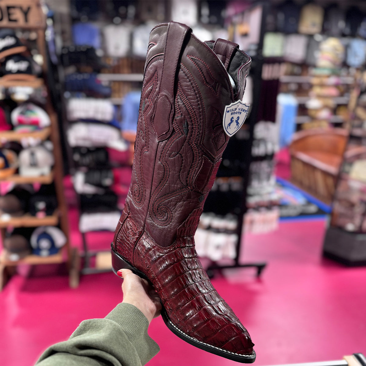 Burgundy Caiman Tail Cowboy Boots J-Toe
