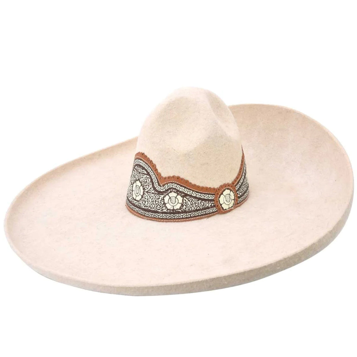 Handmade Sombreros Charros De Lana Floreado Crema
