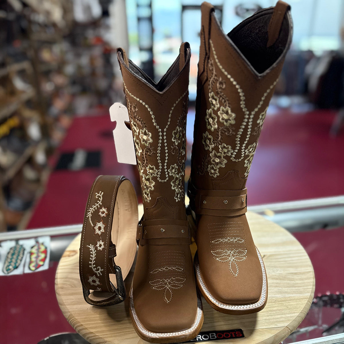 Flowered Embroidered Ladies Square Toe Boots Tan Brown