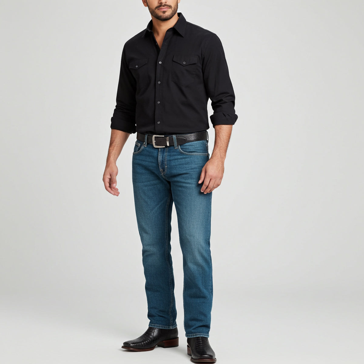 Black Caiman Short Square Toe Western Boots