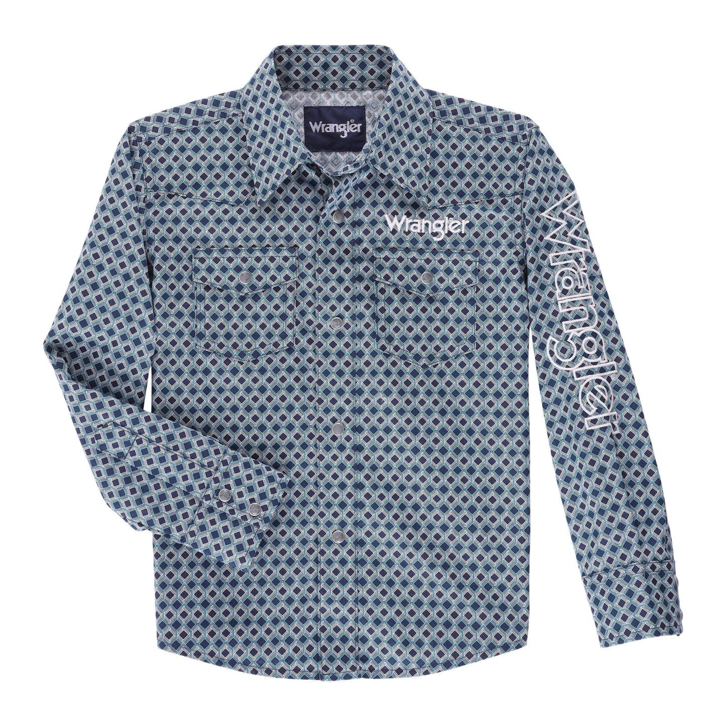 Wrangler Kids Western Logo Navy Plaid Long Sleeve Shirt