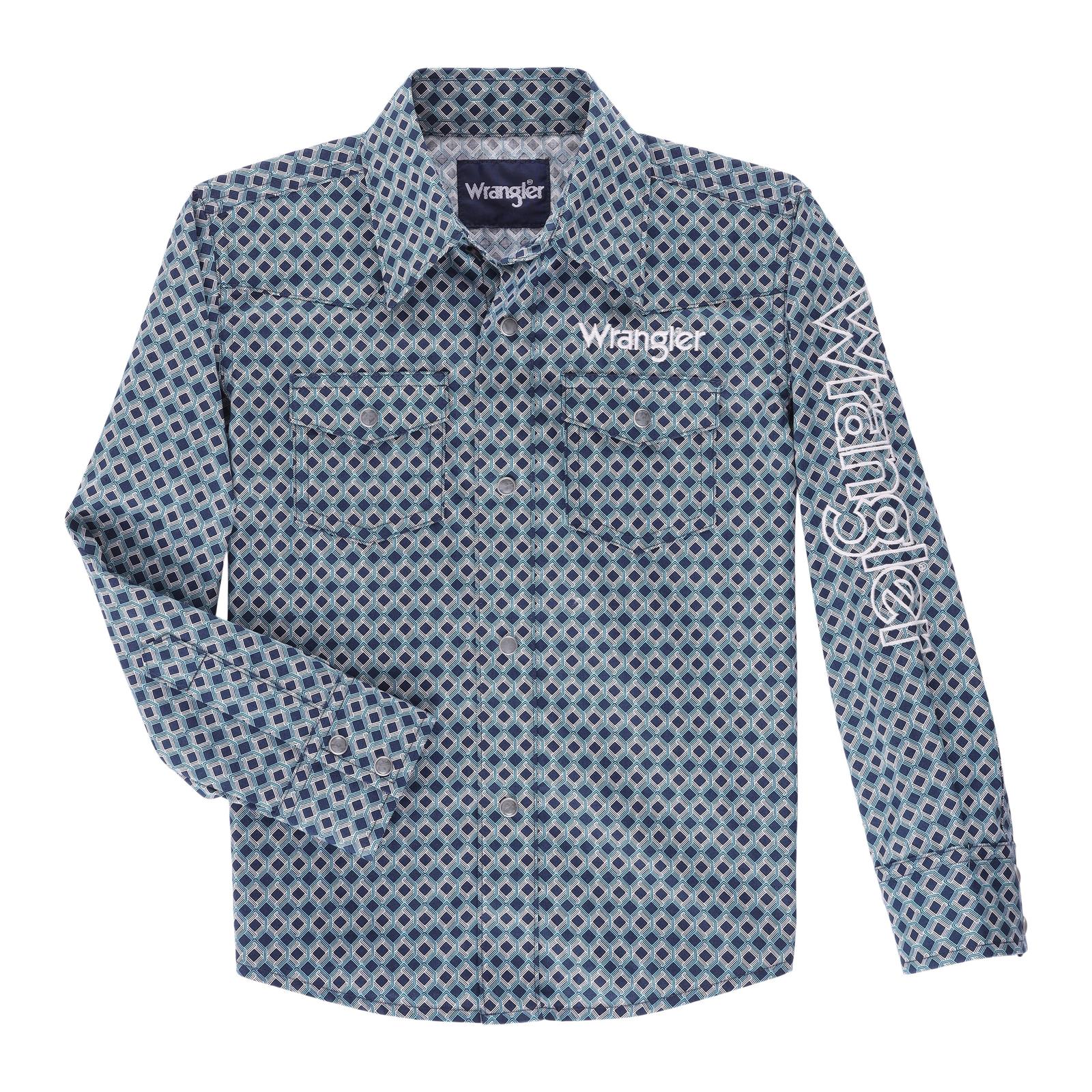 Wrangler Kids Western Logo Navy Plaid Long Sleeve Shirt