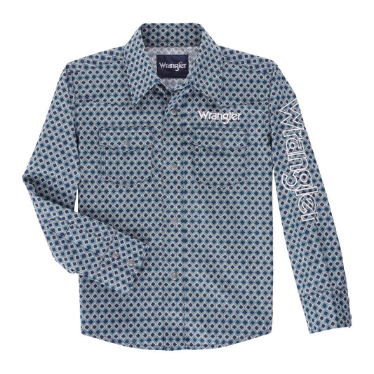 Wrangler Kids Western Logo Navy Plaid Long Sleeve Shirt