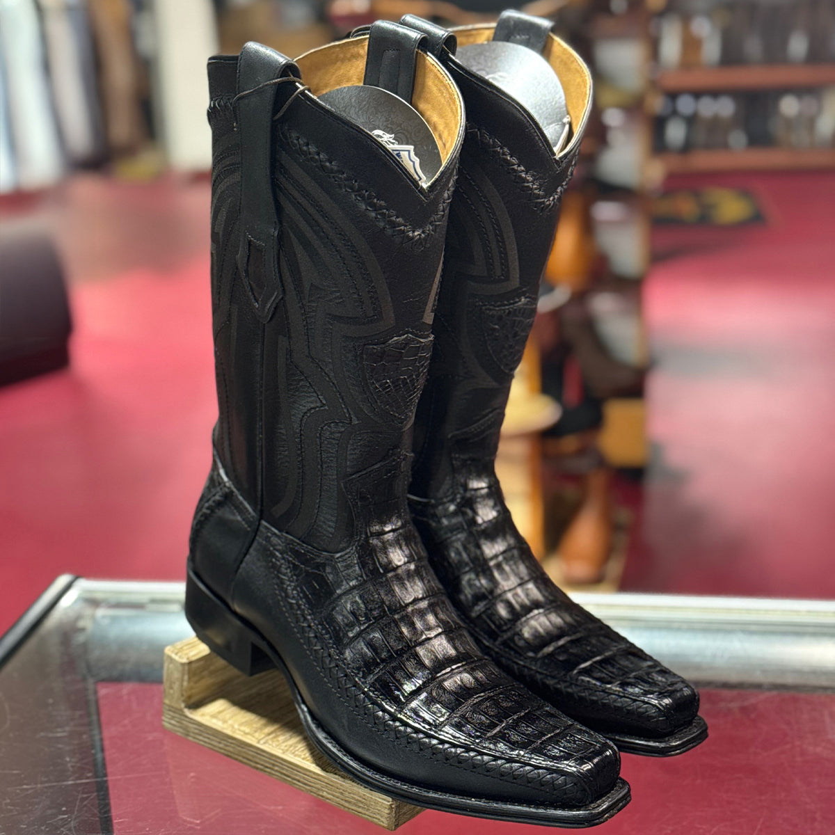  Black Caiman Cowboy Boots Narrow Square Toe
