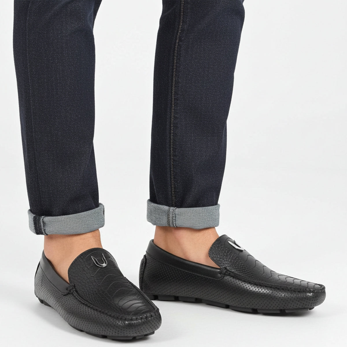  Black Ostrich Leg Moccasins