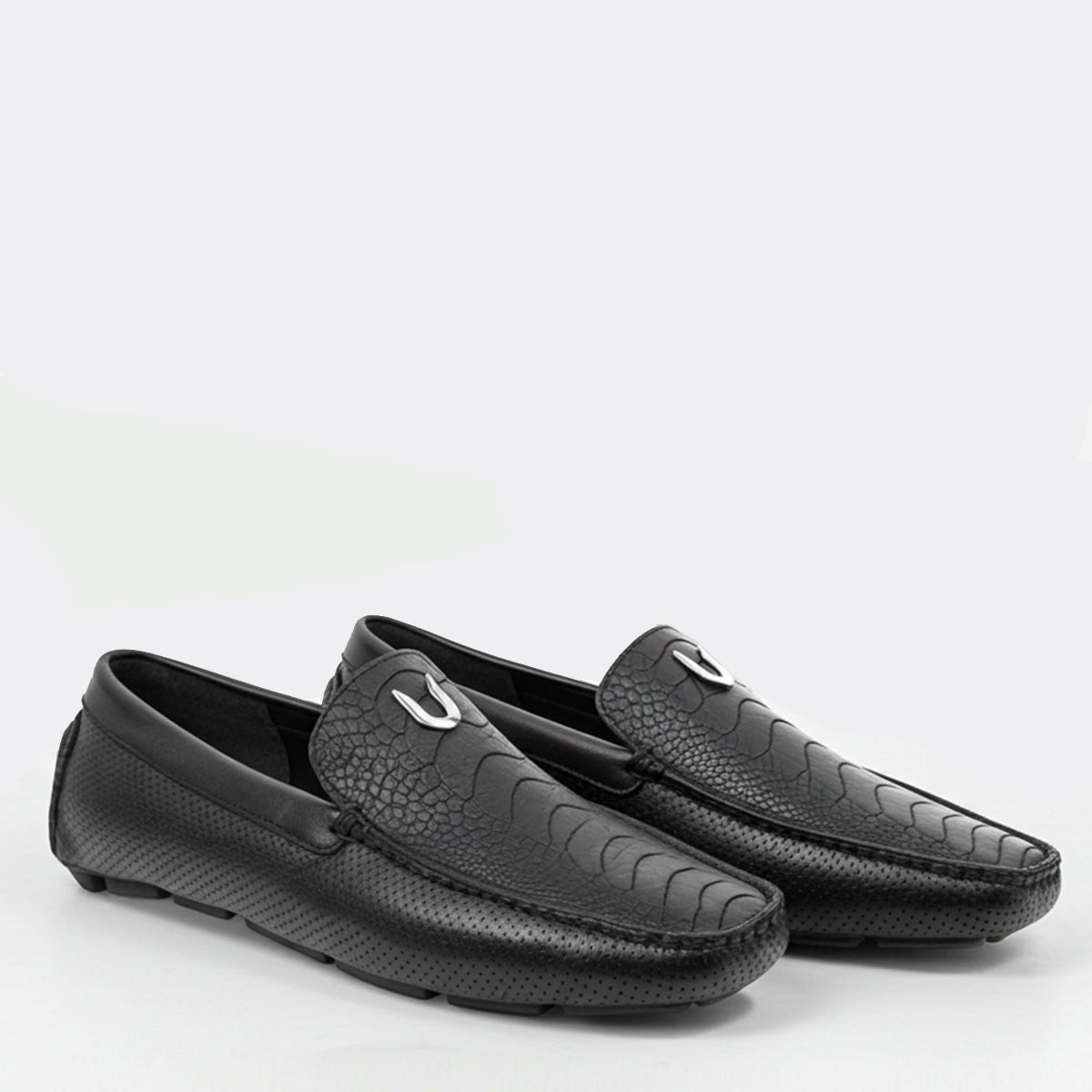 Black Ostrich Leg Moccasins