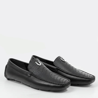  Black Ostrich Leg Moccasins