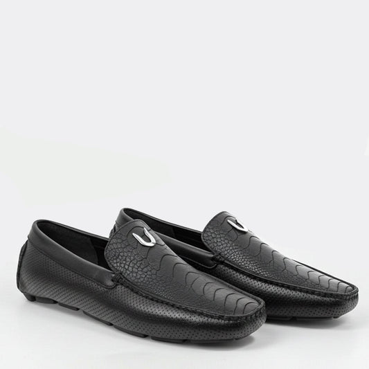  Black Ostrich Leg Moccasins