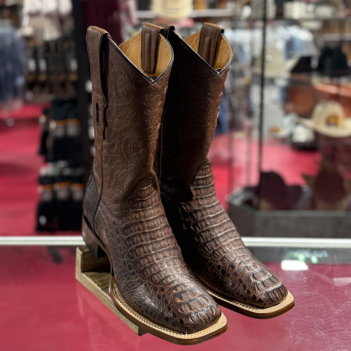  Brown Greasy Finish Hornback Caiman Square Toe Boots