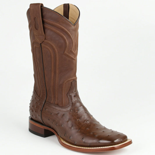  Brown Ostrich Square Toe Boots With Zipper