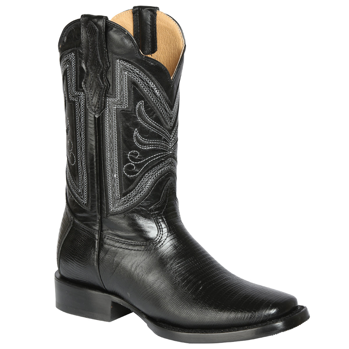  Black Square Toe Boots Lizard Print