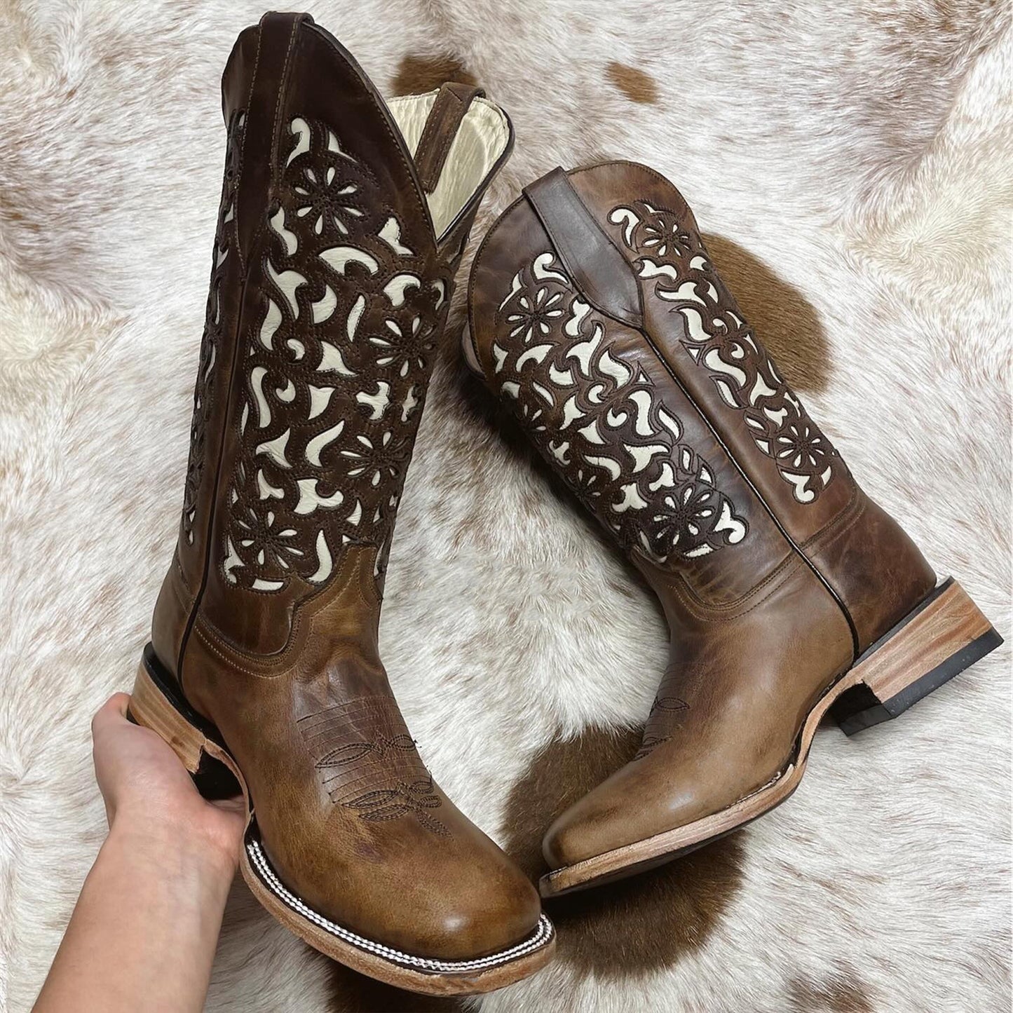  Coco Brown Laser Square Toe Cowgirl Boots