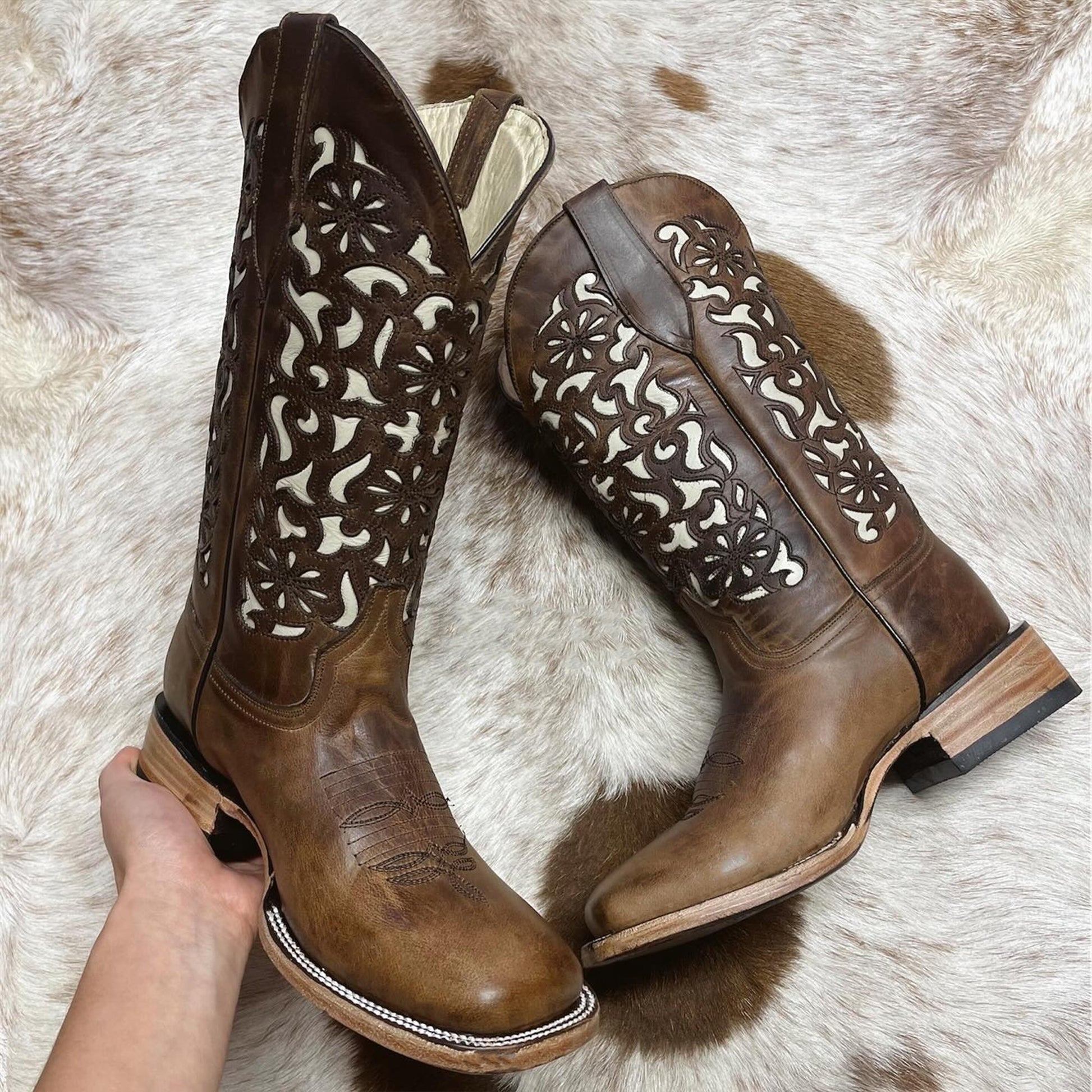  Coco Brown Laser Square Toe Cowgirl Boots