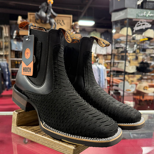  Matte Black Python Print Square Toe Boots