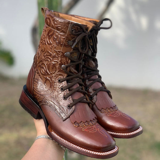  Lace Up Cowgirl Boots Tooled Print