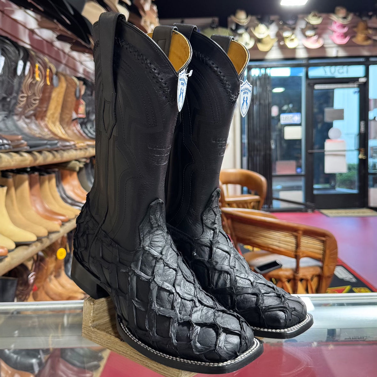  Matte Black Pirarucu Square Toe Boots