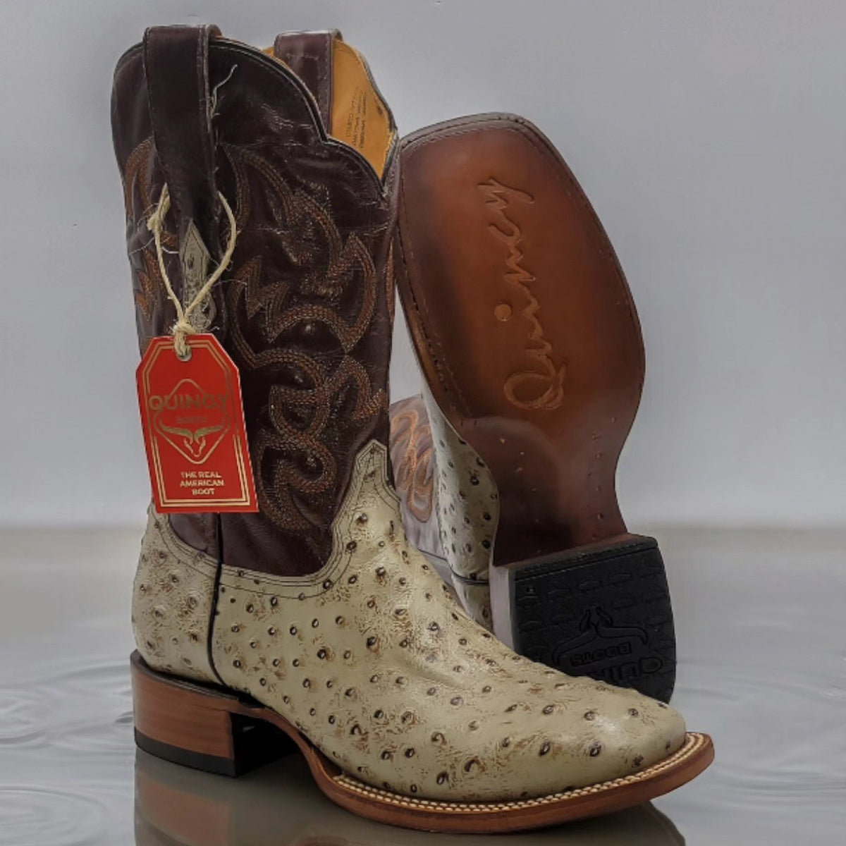  Ostrich Print Square Toe Cowboy Boots Mink