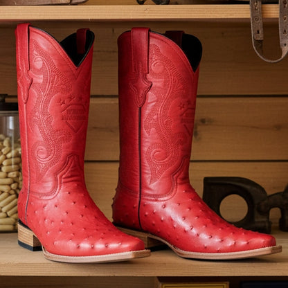  Red Ostrich Print Boots Pointy Toe
