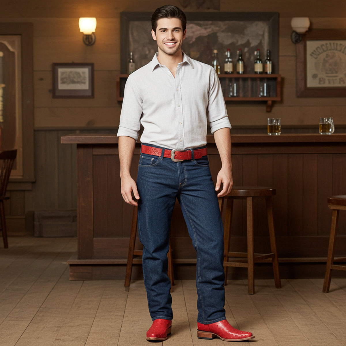  Red Ostrich Print Boots Pointy Toe