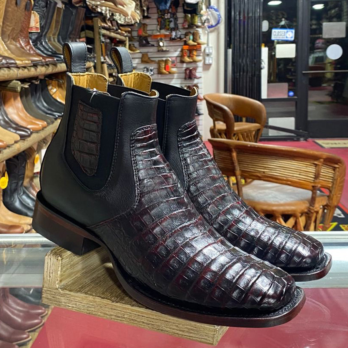  Short Square Toe Caiman Boots Black Cherry