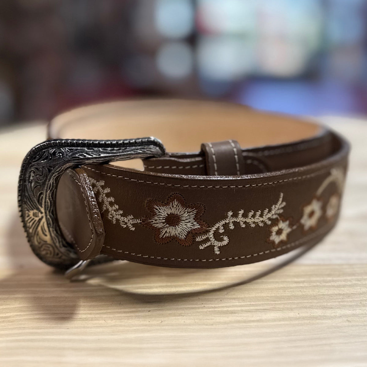  Flowered Embroidered Cowgirl Belt Tan Brown